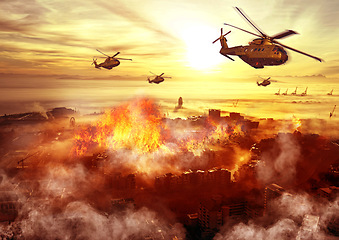 Image showing Conflict, military and helicopter with fire in explosion for service, army duty and battle in city. Mockup, apocalypse and airforce with bombs for armed forces, defense and warfare in battlefield