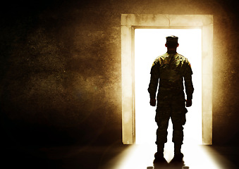 Image showing Military, door and man leaving home for service, army duty and battle for country in camouflage uniform. Mockup, silhouette and back of person at entrance for armed forces, soldier and marine defense