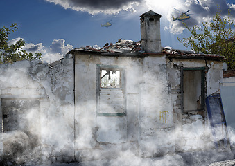 Image showing War, damage and attack with house and smoke from danger, chaos fire and devastation. Helicopter, crisis and abandoned with broken building structure for grunge, construction and military disaster