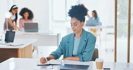 Image showing Book, writer and woman on desk in office, startup and working on business project. Notebook, creative and African professional at table, writing ideas and planning reminder for schedule in journal.