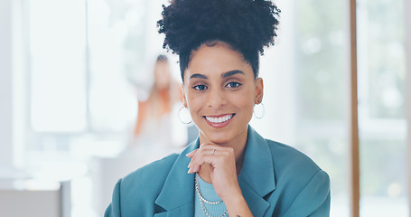 Image showing Portrait of woman in creative agency with smile, confidence and pride in admin at design agency. Face of female designer at modern office desk, manager at startup with happiness and coworking space.