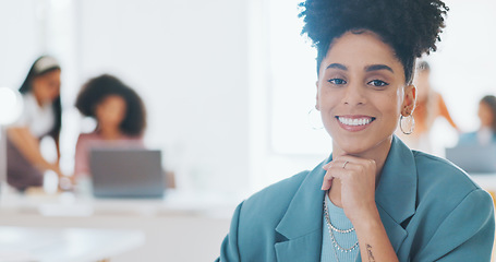 Image showing Portrait of happy woman in creative agency with confidence, pride and administration at design agency. Face of female designer at modern office desk, manager at startup with smile and coworking space