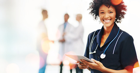 Image showing Portrait, black woman and doctor with a tablet, smile and bokeh with mockup, connection and typing. Face, African person or medical professional with technology, telehealth and research with internet