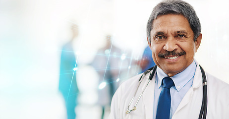 Image showing Healthcare, portrait and senior man doctor at hospital with overlay for medical, help or care with a smile. Happy, face and elderly male health expert at clinic for consultation, advice or treatment