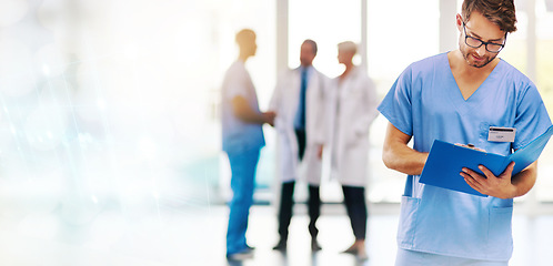 Image showing Healthcare, clipboard and man nurse writing in a hospital for planning, schedule or checklist. Doctor, documents and male health expert with file for medical, compliance or life insurance paperwork