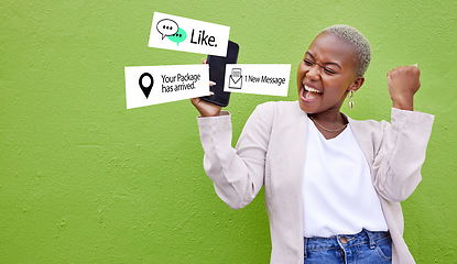 Image showing Black woman, phone and happy with notification icon, wall and celebration for texting by green background. African winner girl, smartphone and overlay with web chat, sign and fist for e commerce app