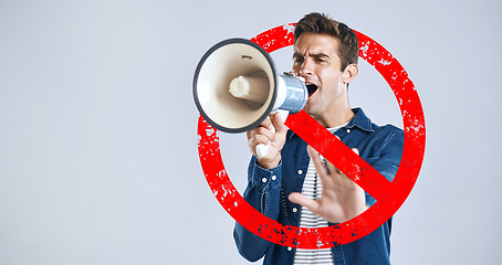 Image showing Megaphone, stop and man with protest, speech and justice on a white studio background. Person, model or activist with a bullhorn, rejection or graphic sign for warning, speaker for equality or change