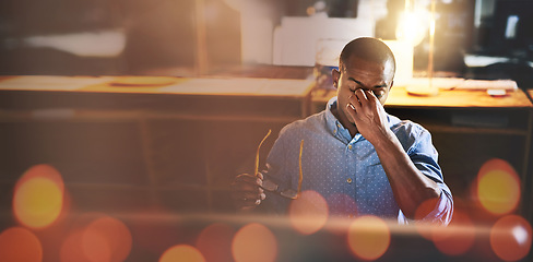 Image showing Black man, vision and night at office with burnout, bokeh and banner with glasses, IT consultant and deadline. Overtime, overworked and mockup space, developer with headache and work late with stress