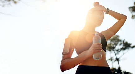 Image showing Nature mockup, running or woman drinking water in park after training, workout or exercise to hydrate. Sunshine, fitness space or tired girl with bottle for healthy liquid hydration on resting break
