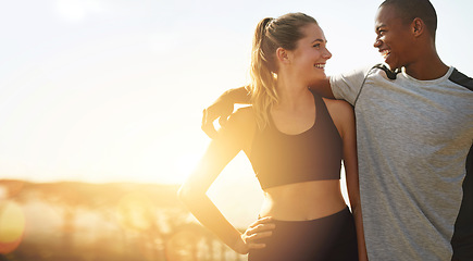 Image showing Couple, fitness and banner with sun, hug and happiness outdoor, mockup space and wellness. Love, care and trust, interracial exercise friends and lens flare, smile with workout together and healthy