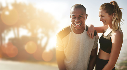 Image showing Happy, couple and portrait for fitness mockup in nature with exercise goals and outdoor summer sports at sunrise. Healthy, training and people smile with happiness in cardio workout or hiking