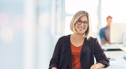 Image showing Portrait, business woman and happy in office on bokeh, startup company or workplace. Face smile, designer and professional employee, creative worker and entrepreneur person in glasses on mockup space