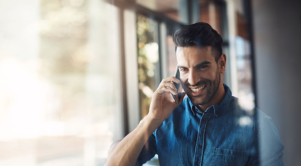 Image showing Banner, phone call and man in office with smile, mockup and business communication for b2b trading. Networking, consulting and happy businessman with cellphone, conversation and space in workplace.