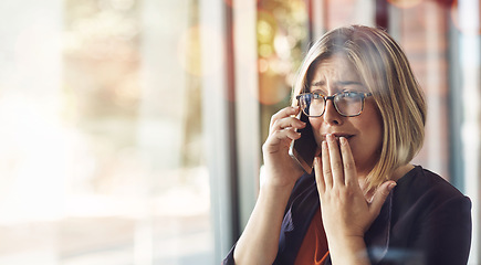 Image showing Crying, sad and a woman on a phone call at work for a business problem, corporate stress or feedback. Surprise, listening and an employee speaking on a mobile with an office crisis or mistake