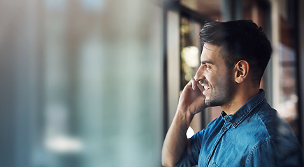 Image showing Banner, phone call and businessman in office with smile, mockup and business communication for b2b trading. Networking, consulting and happy man with cellphone, conversation and space in workplace.