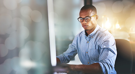 Image showing Banner, computer and businessman in office with typing, mockup and business communication on email. Networking, research and black man checking website, article online and bokeh space in workplace.