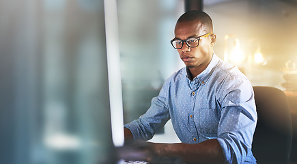 Image showing Banner, computer and businessman in office thinking with mockup, bokeh and online business for trading. Networking, research and black man with website for email, internet and space in workplace.