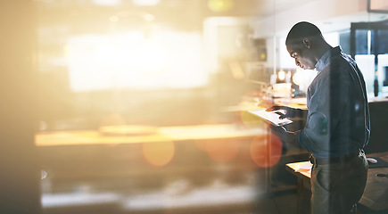 Image showing Tablet, flare and double exposure with a business man in the office for research or innovation on mockup. Technology, future and networking with a young employee using the internet to search for info