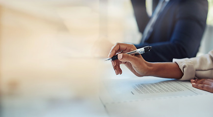 Image showing Business woman, hands and pen for planning employee schedule, administration and company agenda in office. Corporate, writing and entrepreneur with project planner, checklist and job report for work