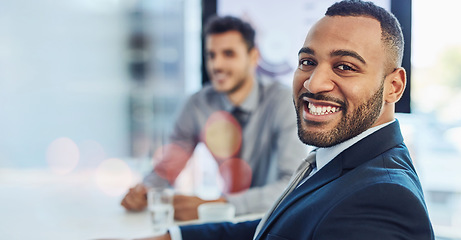 Image showing Portrait, lawyer and business man in office, company or corporate workplace bokeh. Face, attorney or happy African professional employee, worker or legal advocate smile in suit for career in law firm