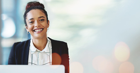 Image showing Portrait, smile and business woman on banner in office, company or corporate workplace on bokeh. Face, entrepreneur and happy professional, employee or consultant on laptop mockup space in Brazil