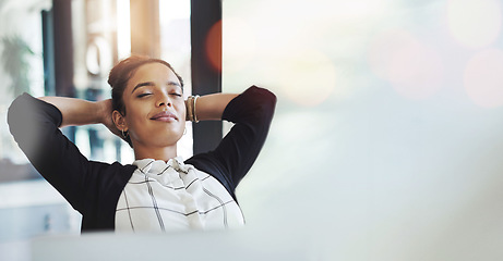 Image showing Business woman, relax in office and peace with corporate attorney, wellness and banner with mockup space. Rest, sleep and lawyer on break, bokeh and meditation with mindfulness in the workplace