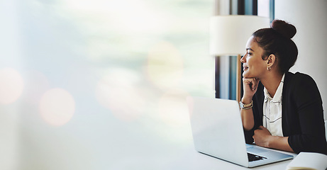 Image showing Banner, laptop and woman in office thinking with mockup, bokeh and ideas on business for trading. Administration, online research and happy businesswoman looking out window with smile in work space.