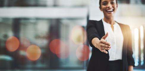 Image showing Business woman, handshake offer and job interview in Human Resources meeting, welcome or thank you POV. Professional or HR worker shaking hands in recruitment, hiring or introduction on banner mockup