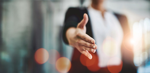 Image showing Business person, shaking hands and job interview for Human Resources meeting, welcome or partnership POV. Professional client, handshake offer and recruitment, HR hiring and thank you or introduction