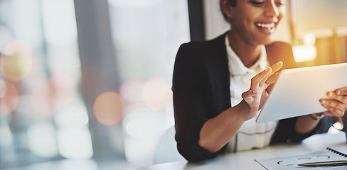 Image showing Tablet, flare and smile with a business woman in the office for research or a report on double exposure mockup. Technology, app and planning with a happy young employee employee in the workplace