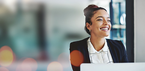 Image showing Happy woman, lawyer and mockup space in career ambition or vision against a bokeh background at office. Excited female person, accountant or employee smile in corporate success or dream at workplace