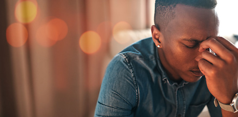 Image showing Black man, face and headache with pain and stress, massage temple with burnout or fatigue at office. Bokeh, sick or frustrated person with migraine, work anxiety or problem with crisis in workplace