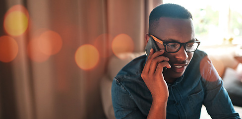 Image showing Banner, phone call and black man in office with networking, mockup and business communication for b2b trading. Advice, consulting and businessman with cellphone, conversation and space in workplace.