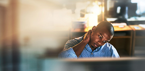 Image showing Banner, neck pain and black man in office with computer, mockup and business fatigue at night. Stress, burnout and tired businessman at desk with muscle injury from overtime, working late or deadline