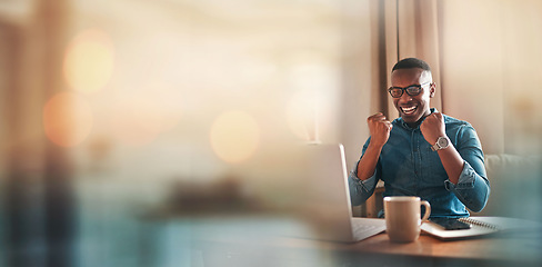 Image showing Mockup, laptop or black man trading in office for success, goals or sales target in online achievement. Happy investor, bokeh or excited trader in celebration of winning on stock market bonus victory