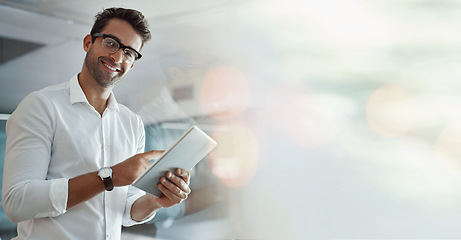 Image showing Portrait, business and man with a tablet, banner and connection with network, typing and contact. Face, person and employee with overlay, bokeh and technology for research, internet and website info