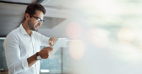 Image showing Mockup, tablet and scroll, man in office on banner and business communication for b2b trading. Networking, online research and happy businessman with digital app, website and web space in workplace.