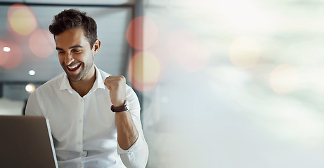 Image showing Mockup, laptop or happy man trading with success, goals or sales target in online achievement in office. Proud investor, wow or excited trader in celebration of winning on stock market bonus victory