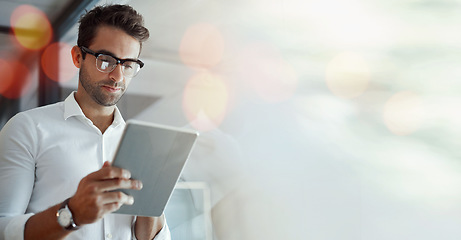 Image showing Banner, tablet and businessman in office with mockup, bokeh and online business communication for trading. Networking, schedule and man with digital app for website scroll and space in workplace.