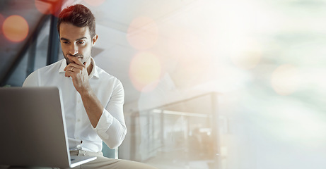 Image showing Banner, laptop and businessman in office thinking with mockup, bokeh and ideas on business for trading. Networking, online research and man reading website for email, internet and space in workplace.