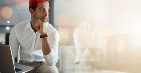 Image showing Banner, laptop and thinking, business man in office with mockup, bokeh and ideas for trading with internet. Networking, online research and businessman in reflection, insight and space in workplace.