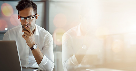 Image showing Banner, computer and businessman in office in reflection with mockup, bokeh and ideas on business trading. Networking, online research and man reading email, thinking and insight space in workplace.