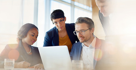 Image showing Laptop, problem solving or business team in meeting with CEO planning a social media online strategy. Teamwork, collaboration or boss coaching employees or working on ideas for growth on mockup space