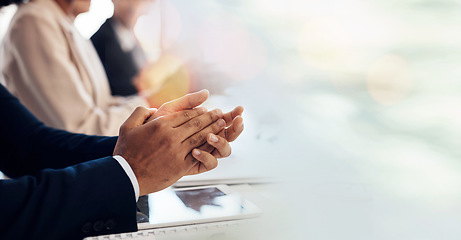 Image showing Hands, applause or mockup in business meeting with audience for support or motivation in presentation. Wow, happy people or excited team clapping for success or achievement in seminar event in office