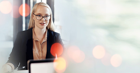 Image showing Banner, laptop and businesswoman in office reading email with mockup, bokeh and ideas on business for trading. Networking, online research and woman on website for internet and space in workplace.