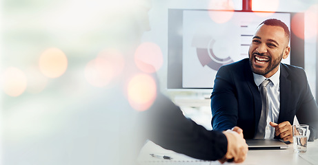 Image showing Business man, handshake and meeting, introduction or welcome for accounting, data analytics and clients deal. Financial advisor and people shaking hands in partnership, thank you or agreement mockup