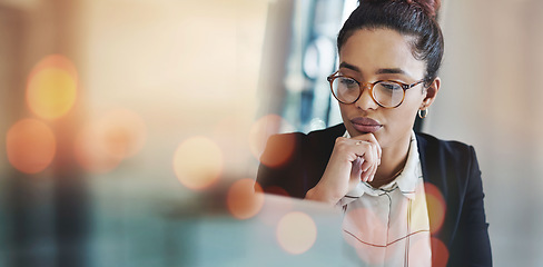 Image showing Business woman, thinking and planning on computer for Human Resources solution, recruitment website or vision. Professional HR worker or employee ideas and problem solving on laptop and banner mockup