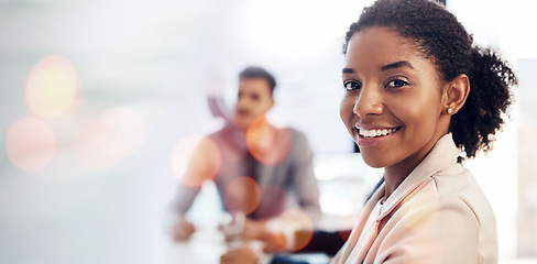 Image showing Portrait, business and happy black woman in office, company or corporate workplace bokeh. Face, lawyer and African professional employee, worker or legal attorney smile for career on mockup space