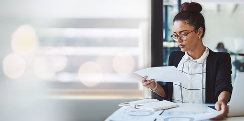 Image showing Business woman, documents and data analytics review, human resources infographics or employee report in office mockup. Professional HR worker with paperwork, charts or statistics of payroll on banner