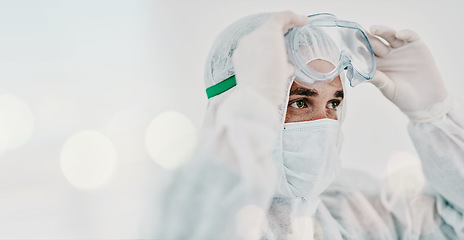 Image showing Man, face mask and PPE with goggles and safety, Covid compliance with mockup space and bokeh. Health, protection gear and virus with healthcare banner, disinfection and medical person with danger